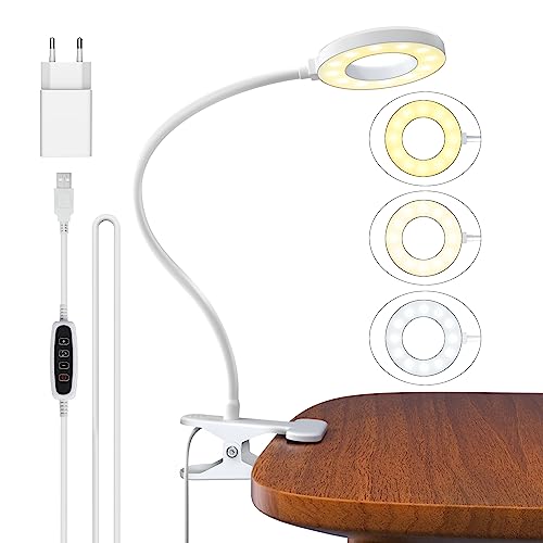 Aisutha Leselampe, Schwanenhals Leselampe Bett Augenschutz Klemmlampe mit 3 Modi & 10 Dimmstufen, 40cm Klemmleuchte für Büro Heimgebrauch, Schreibtischlampe Inklusive Adapter, Weiß