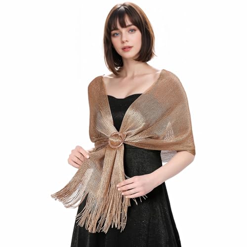 Chal Mujer Fiesta,Chales y Envolturas Metálicas Brillantes Chales para Mujer con Hebilla Champagne Mantón Bufanda Metálica para Dama Honor Nupcial Boda Noche Vestidos