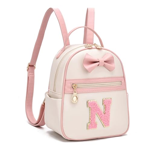 I IHAYNER Mochila de couro pequena com laço com inicial para meninas, mini mochila personalizada, presente moderno para mulheres, Rosa-n, Small, Mochilas de mochila