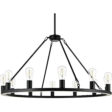 Linea di Liara Sonoro Black Chandelier Dining Room Light Fixture Large Wagon Wheel Chandelier Rustic Round Industrial Modern Farmhouse Chandeliers for Dining Room Entryway Foyer, 13 Bulbs Included Cover