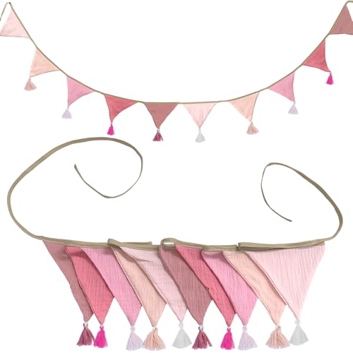 10Pcs Bunting, Fabric Bunting for Nursery Pink Bunting Baby Shower Bunting 3.15M Bunting Fabric for Garden Wedding Shower Girls Boys Birthday Bedroom Decoration (Tassel, Pink)