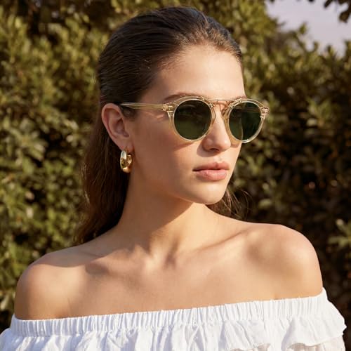 Image of CARFIA Double Bridge Small Acetate Sunglasses for Women Polarized, Retro Metal Brow Ladies Sunnies Fashion Round Eyewears