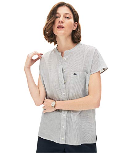 Lacoste Women's Sleeveless Mandarin Collar Striped Button Down Shirt, Flour/Navy Blue, 8