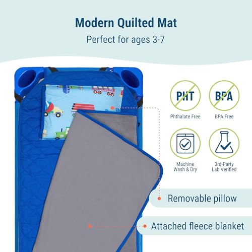 Wildkin Modern Kids Nap Mat – Soft Cotton Blend with Pillow & Elastic Straps for School & Travel - Trains, Planes, and Trucks