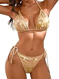 ChiaoLezhee Women's Sparkly Metallic Bikini Set, Sexy Halter Cheeky High Cut 2-Piece Swimsuit, Rave Festival Outfits, Triangle Tie String Beach Summer Pool Party Backless Vacation,Gold,L
