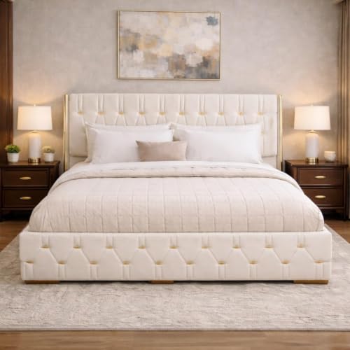 Image of Royal Aura Upholstered King Size Bed with Box Storage for Bedroom | Elegant Wooden Double Bed with Storage | Platform Cot Palang with Tufted Headboard | 6.5 x 6 Ft | Sheesham Wood | White