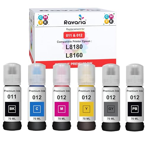 Image of 011 & 012 Compatible Refill Ink for Epson L8180 / L8160 Printer Compatible Ink Bottle for Epson 011 /012 Ink Code (70 ml x C /M /Y /BK /PB /GY) Ink Bottle (011 /012 Ink Set (6 Color))