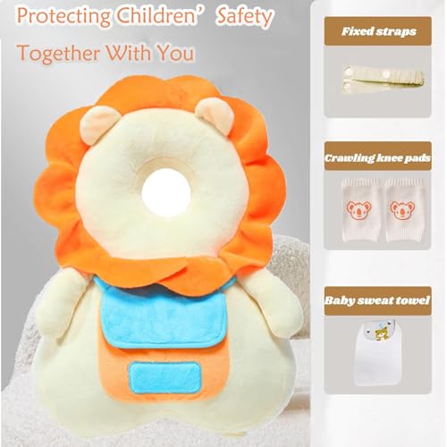 Image of Baby Head Protector Backpack, Toddler Baby Head Protection Backpack with Baby Knee Pads Alarm Function for Walking & Crawling, Soft, Breathable and Wearing Safety Baby Head Protector - White Lion