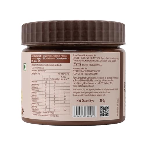 Image of Eatopia Choco Nut Spread 360g | 56% Nuts - Almond, Hazelnut, Peanut, Cashew | No Refined Sugar | Made with Honey & Jaggery | 20% Protein | Rich Cocoa | No Added Preservatives | Healthy Chocolate Spread