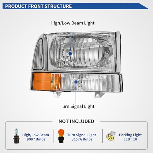 Image of OEDRO Headlight Assembly Compatible with 1999-2004 Ford F250 /F350 /F450 /F550 Super Duty /2000-2004 Ford Excursion, Headlamp with Amber Reflector Clear Lens