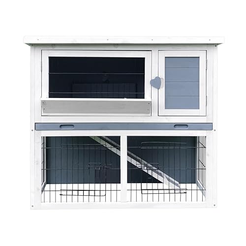 Hanover Outdoor 2-Story Ergonomic Rabbit Hutch with Ramp, Wire Mesh Run, Cage, Waterproof Roof, and Removable Tray, Durable and Ventilated Fir Wood Rabbit Cage for Small Pets and Bunnies