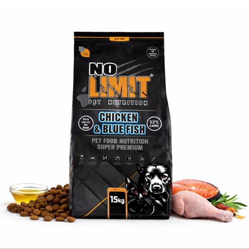 NO Limit Chicken & Blue Fish Pienso para Perros 15kg – Pollo, Salmón y Atún con Omega 3 – Comida Natural para Perros Adultos – Dog Food Premium para Vitalidad, Rendimiento y Pelaje Saludable