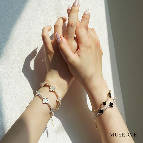 Four Leaf Clover Bracelet for Women 14K Gold Plated White Mother of Pearl Onyx Black Clover Charm Tennis Bracelet Adjustable Chain Lucky Jewelry Gifts [CVBR]3