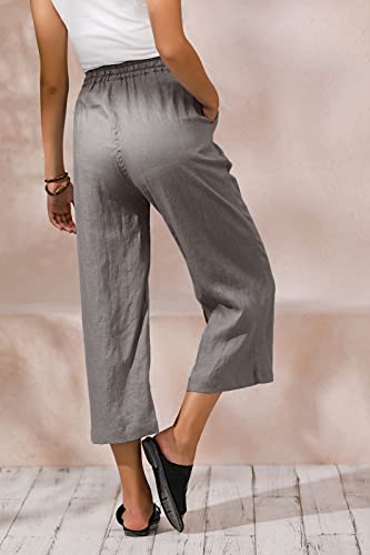 Womens Linen Cropped Pants Loose Casual Capri Cotton Wide Leg Plus Size Elastic Waist with Drawstring Trouses Light Gray L3