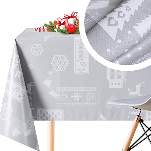 KP Home Nappe PVC Noël Toile Cirée Rectangulaire 140x250 Gris Nappe Plastique Essuyable Imperméable Rennes Blanc Flocons Nappe Toile Ciree Rectangulaire Nappe Scandinave Nappe Rectangulaire Plastique