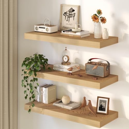 Image of Fun Memories 12 Inch Deep Oak Floating Shelf, 24 x 12 Rustic Wood Wall Shelf for Books, 2 inch Thick Deep Floating Shelf for Storage & Display in Kitchen, Living Room, Bedroom, 2 Packs