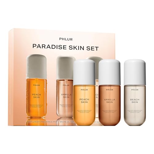 PHLUR Paradise Skin Set - Travel Size Body Mist Gift Set - Peach Skin, Vanilla Skin, & Beach Skin - Travel Size Hair and Body Fragrance Mist Trio (3 x 3 fl oz)