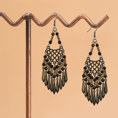 Handmade Vintage Bronze Bohemian Long Tassel Colorful Bead Dangle Drop Earrings Big Tribal Chandelier Geometry Hook Earrings for Women Statement Jewelry Gifts3