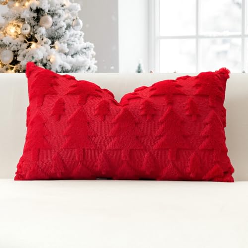 Image of JOTOM Set of 1 Christmas Cushion Cover 30x50cm Christmas Tree Decorative Soft Throw Pillow Cover Plush Faux Fur Winter Holiday Pillow Case for Home Bed Couch Sofa Decor (Red)