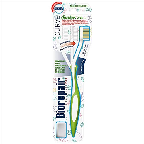 Junior Toothbrush, Children Toothbrush 6-12 Years, Clinically Tested, with Medium-Soft Bristles, Patented Curved Shape, Antibacterial, Removes Up to 100% More Plaque