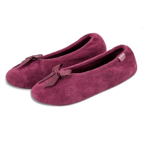 Isotoner® Ladies Terry Ballerina Slippers, Cotton Rich Stretch Fit with Pillowstep® Cushioning, Ultra Comfort Foam, Durable Sole, Machine Washable, Bow Detail, Burgundy, S