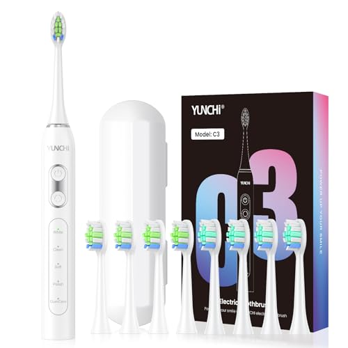 YUNCHI Sonic Electric Toothbrush for Adults Teens, Rechargeable Battery Toothbrush with 8 Brush Heads, 90 Days, 44000 VPM Powerful Motor, 5 Models & 2 Minutes Built in Smart Timer, Travel Case,White