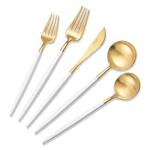 DEACORY Flatware White and Matte Gold Silverware Set 18/10 Stainless Steel Cutlery Set Luxury 5 Piece Set Wedding Event Restaurant Use Service for 1