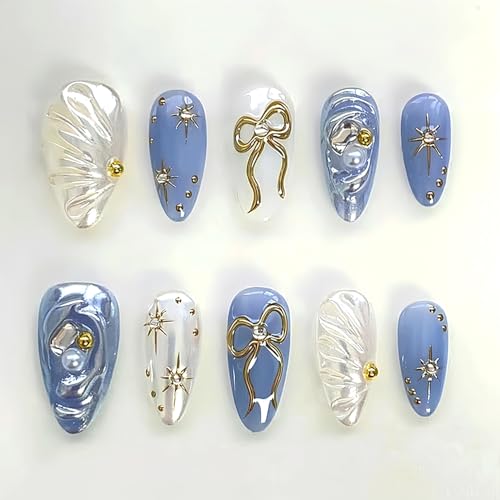 24Pcs Handmade Press on Nails Medium Almond French Tip Fake Nail ...