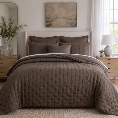 Levtex Home - French Flax Signature Linen Quilt - Full/Queen Quilt (88x92in.) - Tack Quilted Solid - Cocoa - Linen Front, Cotton Back, Polyester Fill