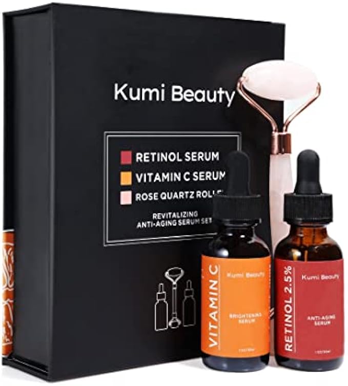 Kumi Beauty. K-Beauty Serums ~ 3 in 1 Gift Box ~ ||| Set: 2 Face Serums (Vitamin C + Retinol) + 1 Rose Quartz Roller.