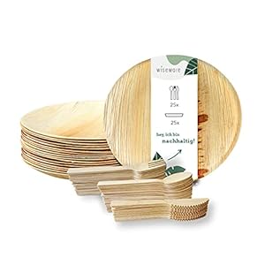 wiseware Palmblatt Geschirrset – 25 Palmblattteller, 25 Messer, Gabel & Löffel aus Holz – Einweggeschirrset aus…