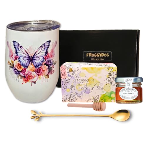 Tea Gift Set with Honey & Insulated Tumbler – Sampler Box with 18 Assorted Blends, Cozy Self Care Present for Women, Includes Spoon & Straw