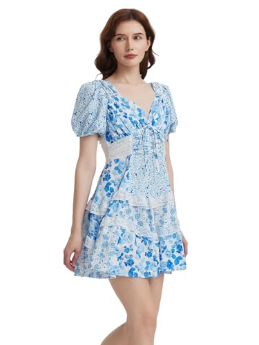 Image of hibshaby Women's Floral Patchwork Dress V Neck Lace Layered Ruffle Flowy Babydoll Dress Puff Sleeve Tiered Mini Sundress