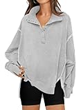 RUBZOOF Oversized Sweatshirt for Women Trendy Button Henley Neck Pullover Long Sleeve Tops Casual Fall Clothes Light Grey M