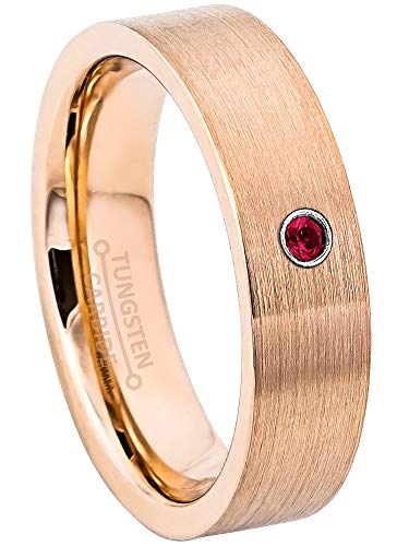 Jewelry Avalanche Rose Gold Pipe Cut Tungsten Carbide Unisex Wedding Band With 0.07Ctw Solitaire Round Ruby Birthstone Tungsten Ring - 6Mm Brushed Comfort Fit Tungsten Anniversary Ring - 1Rb #TOP27