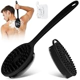 GEENOA Silicone Back & Body Scrubber Set 2PCS, 13.4'' Gentle Exfoliating Back Scrubber with Dual-Side Head and Non-Slip Handle, Hygienic Silicone Loofah with Soft Bristles and Massage Dots(Black-2PC)