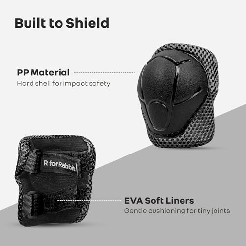 Image of R for Rabbit Safe Play Protector Pads for Kids | Knee, Elbow & Wrist Guards Set | Adjustable Protective Gear for Cycling, Skating | PP Shell EVA Soft Liners Cushion Pads for 6-12 Years (Black Sports)
