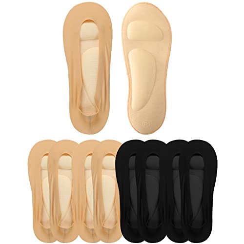 Eurzom 4 Pairs Arch Support Socks for Women No Show Liner Socks 3D Padded Nylon Stockings Sponge Cushion Non Slip Massage(Black, Light Skin,Medium)