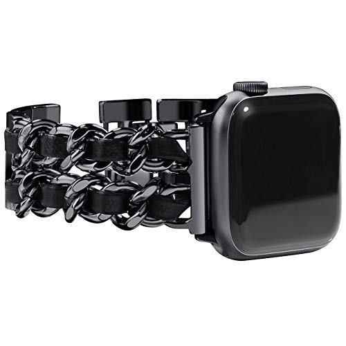 NewWays Compatible for Apple Watch Band Series 8 Series 7 41mm 40mm SE Series 6 5 4 3 38mm Jewelry Bracelet for iWatch Band Womens, Black Link with Black Leather