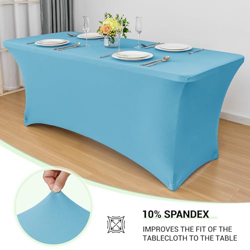 Image of Obstal 6ft Stretch Spandex Table Cover for Standard Folding Tables - Universal Rectangular Fitted Tablecloth Protector for Wedding, Banquet and Party, 72L x 30W x 30H Inches, Light Blue, 2pc