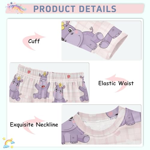 Pajama Sets Long Sleeve Cute Hippo Pattern Design Soft Comfy Sleepwear 2 Piece PJS 3-8T4