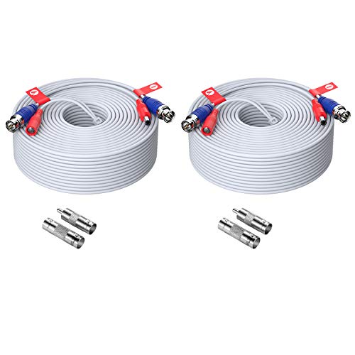 ZOSI 2 Pack 150ft (45 Meters) All-in-One Video Power Cable, BNC Extension Surveillance Camera Cables for Video Security DVR Camera Systems (Included 2X BNC Connectors and 2X RCA Adapters)-White Color