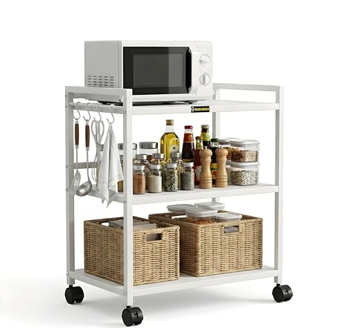 Image of 3 Tier Metal Kitchen Storage Rack with Wheels | Heavy Duty Multipurpose Microwave Oven Stand | Rolling Utility Shelf for Home, Office & Bathroom Organizer (White)