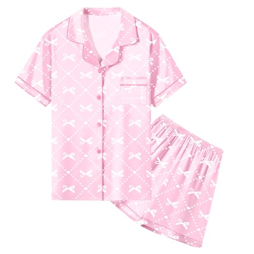 Image of Umeyda Women & Girls Pajamas Set, Soft Satin Lightweight Silk Button-Down Top with Shorts 2 Piece PJS for Mom Boys Kids Gifts
