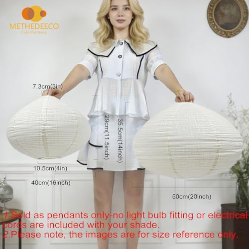 Image of METHEDEECO Oval Hanging Lamp Shade Only, 16 Inch Faux Linen Pendant Lamp Shade, Foldable Fabric Replacement Shade, White with Beige, Minimalist Pendant Lantern Shade for Bedroom Living Room Kitchen