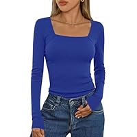Aottori Maglietta Donna Scollo Quadrato Eleganti Maniche Lunghe Maglie Cotone Coste T-Shirt Slim Fit Elasticizzato Tshirt Basic Top Traspirante Casual Pullover Azzurro Intenso M