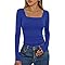 Aottori Maglietta Donna Scollo Quadrato Eleganti Maniche Lunghe Maglie Cotone Coste T-Shirt Slim Fit Elasticizzato Tshirt Basic Top Traspirante Casual Pullover Azzurro Intenso M