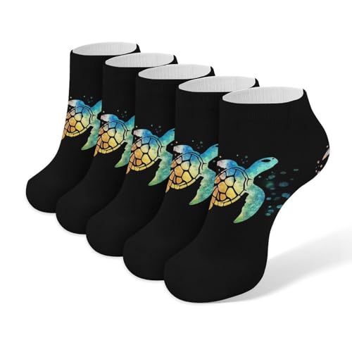 4TH N Women's 5-Pairs Casual Fashion Elastic Ankle Socks, Outdoor Sports Low Cut Sock for Office, Home, Daily Essentials (Watercolor Turtle Black)