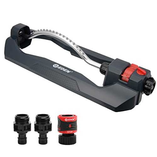 Image of Eden 94106 Turbo Oscillating Sprinkler, Covers Up to 4,000 sq. ft., 18 Precision Nozzles, Weighted Base, Adjustable Range, Flow Control Knob, Quick Connect Bundle, Black, Silver, Red