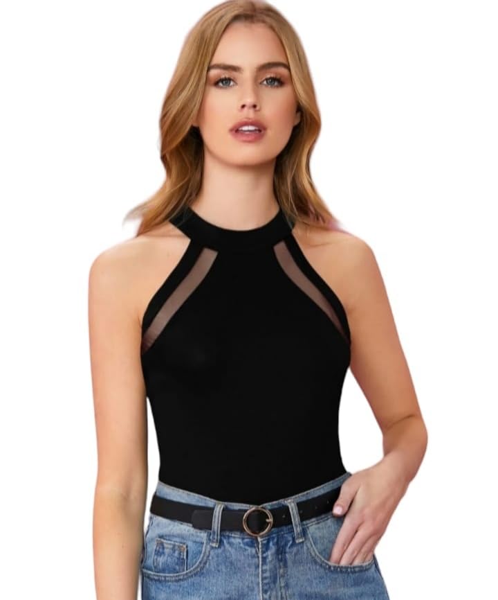 Sexy Mesh Halter Neck Tank Top for Women, Sleeveless, Black-picture-22